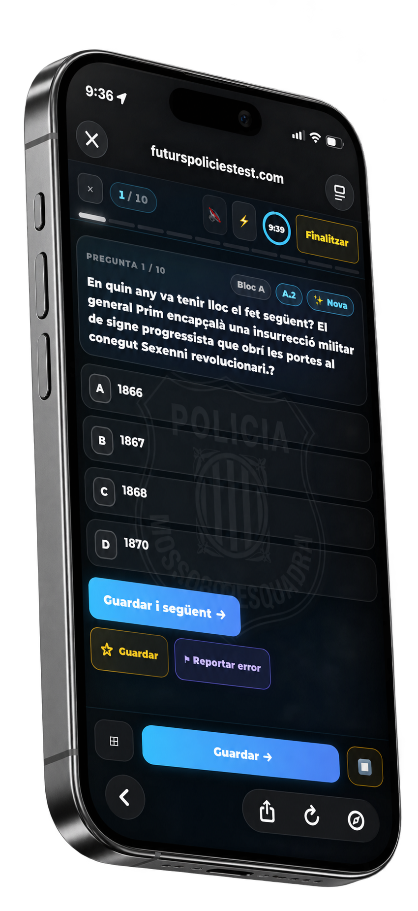 Test en curs a Futurs Policies, amb una pregunta oficial i les quatre opcions de resposta